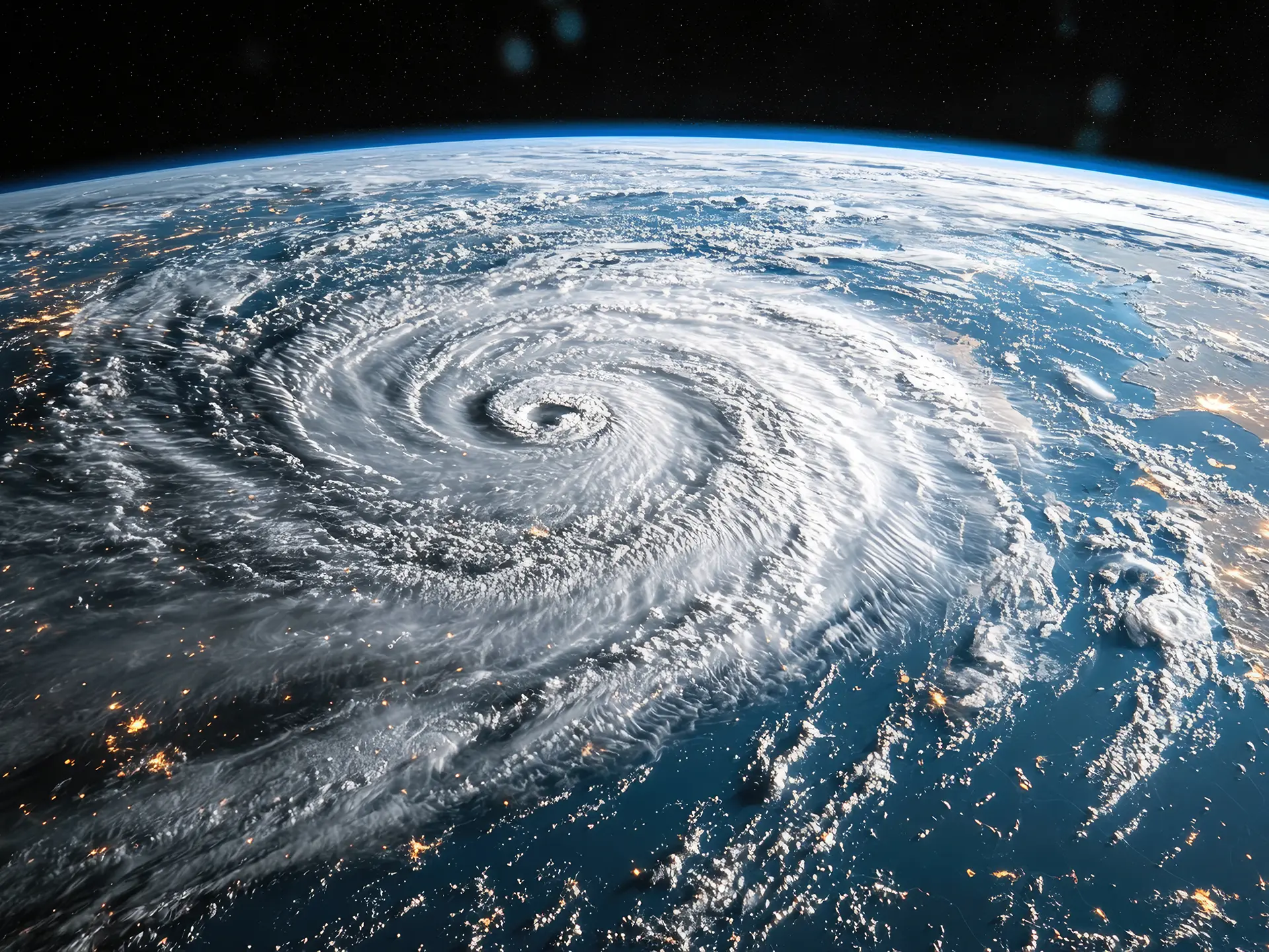 A massive spiral storm system viewed from orbit, with a well-defined eye and dense cloud bands wrapping around it over Earth’s surface.