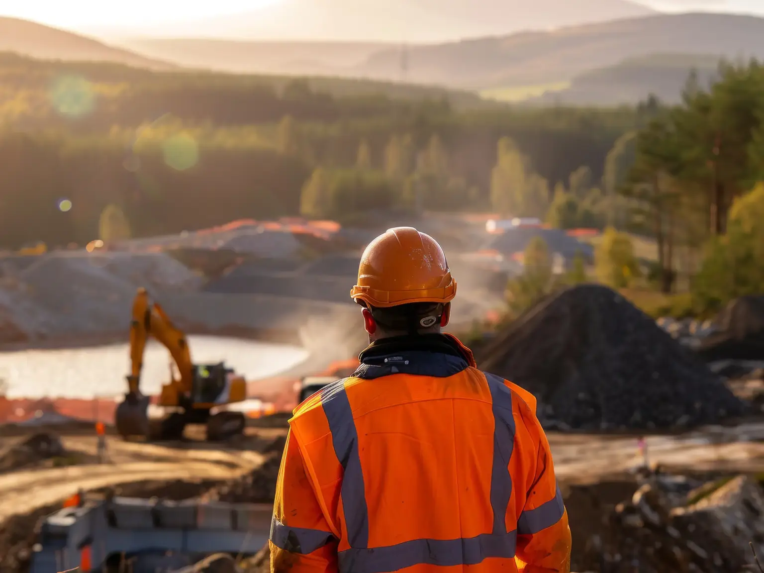 Rear view of a construction worker in an orange safety jacket and hard hat overlooking an active mining or excavation site at sunset.