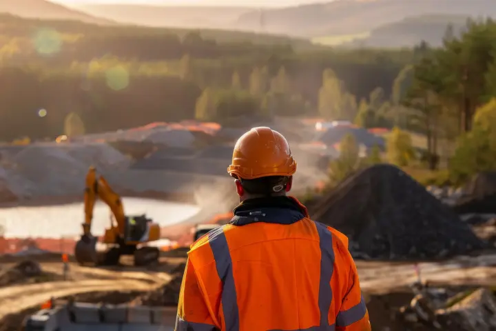 Rear view of a construction worker in an orange safety jacket and hard hat overlooking an active mining or excavation site at sunset.