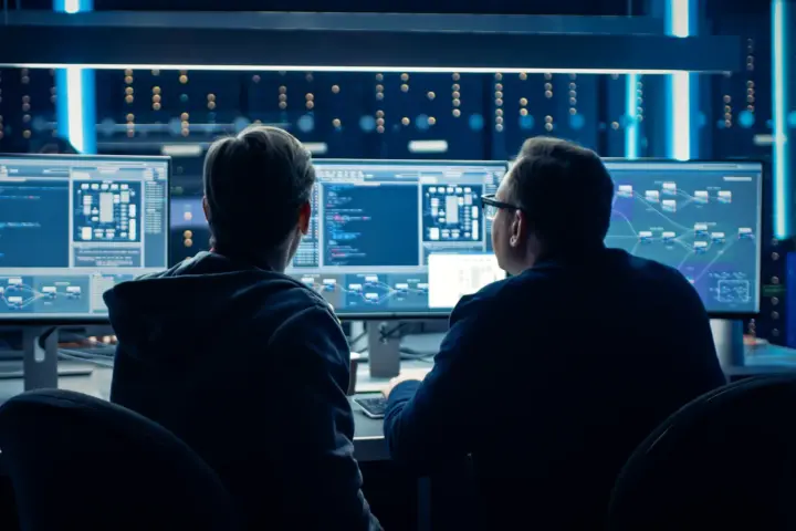 Two people seated at a desk in a data center, looking at multiple large monitors displaying code and system diagrams.