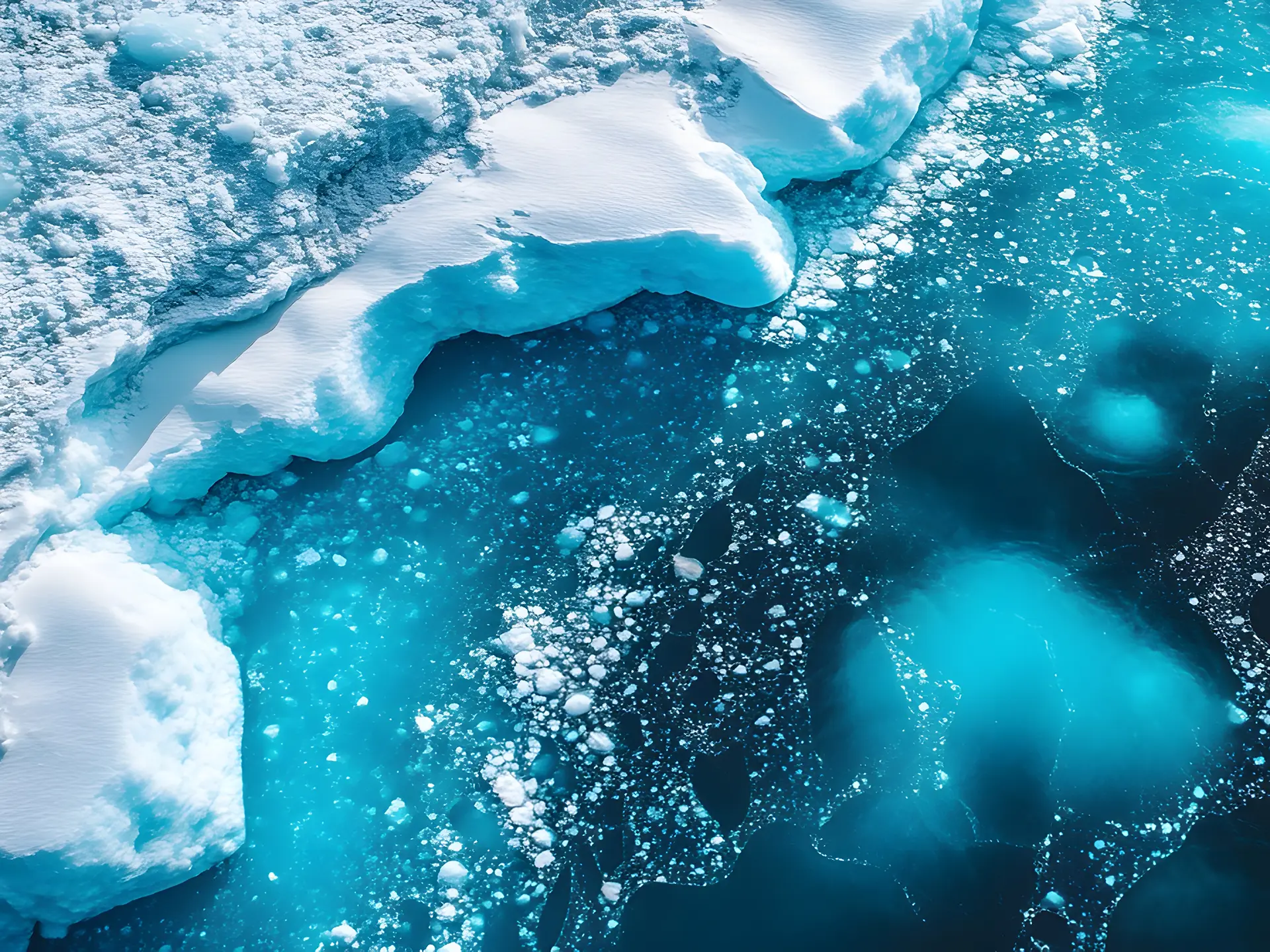 Turquoise meltwater pools and fragmented ice floes in a polar environment, indicating melting sea ice.
